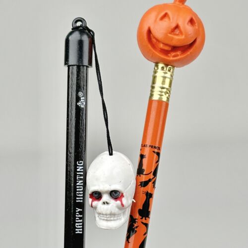 Halloween Pencil Topper Bleeding Skull Diener Pumpkin Set Vintage 1980s Pencils - Picture 1 of 7