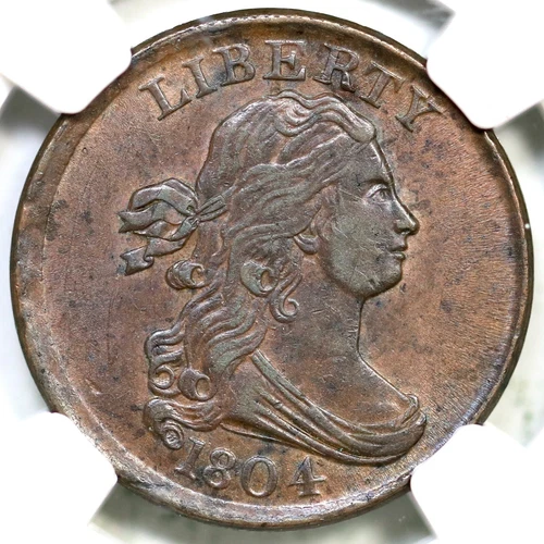 1804 C-13 NGC AU 58 Plain 5, Stemless Draped Bust Half Cent Coin 1/2c