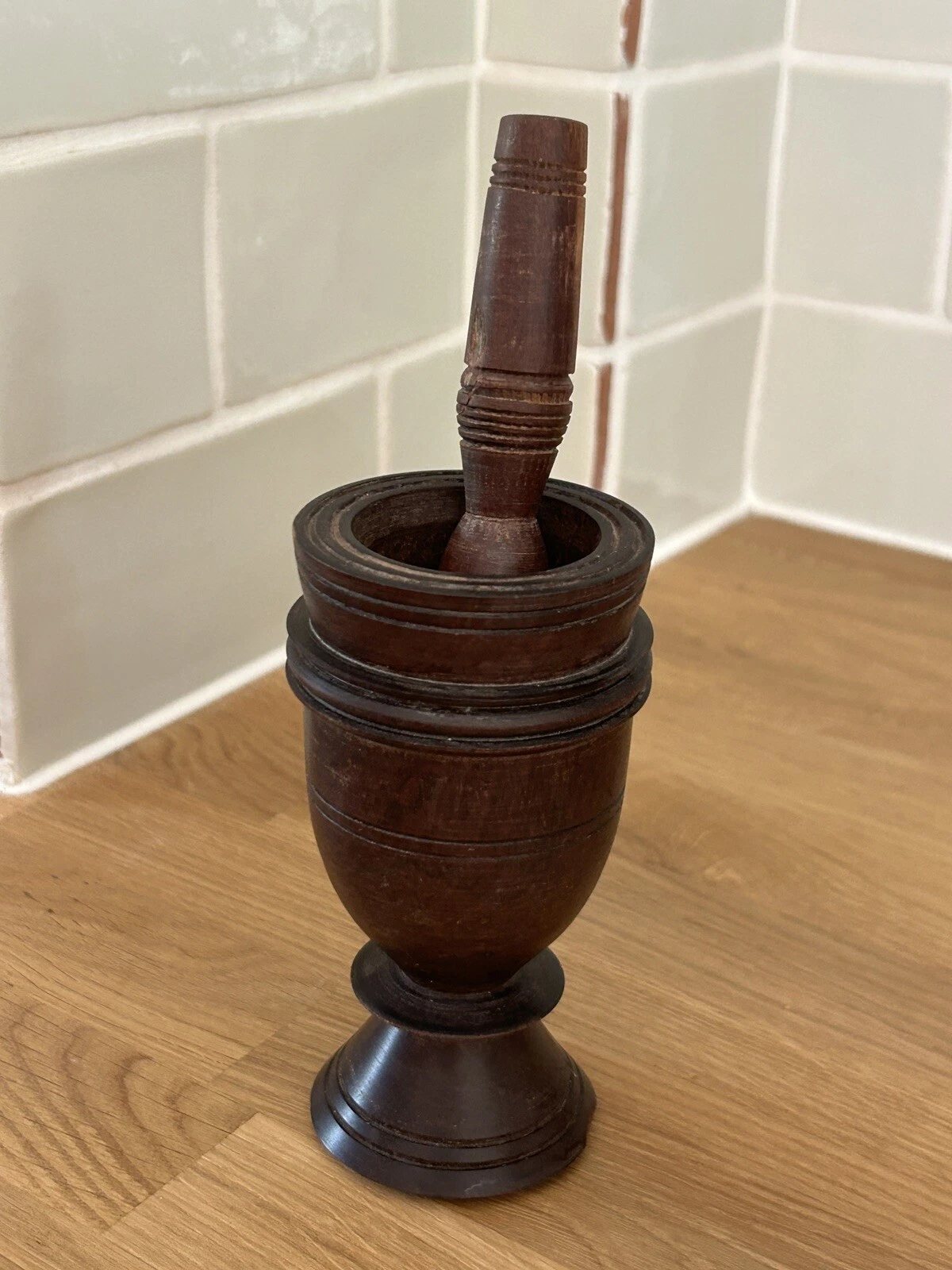 VINTAGE turned hardwood wooden pestle and mortar