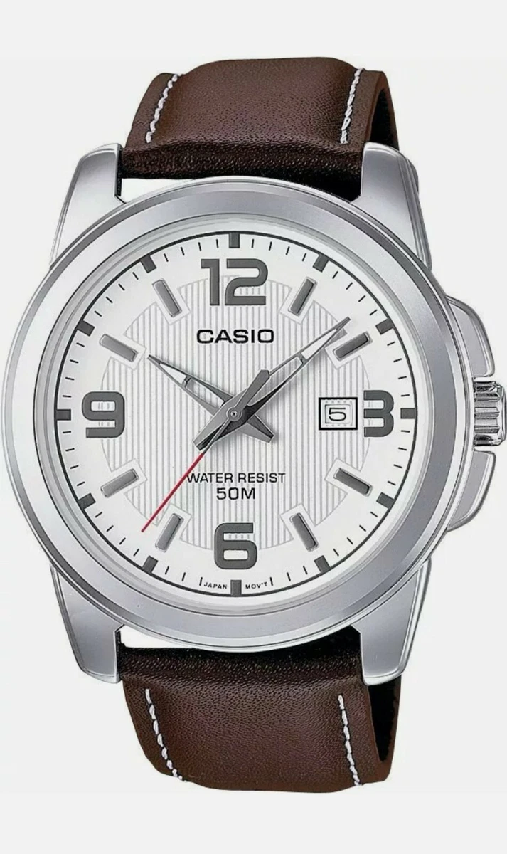 Casio Men s Brown Genuine Leather Strap White Dial Date Display Analogue Watch