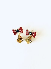 Vintage Cute Post Stud Christmas Bow And Bells Gold Tone Rhinestone Earrings