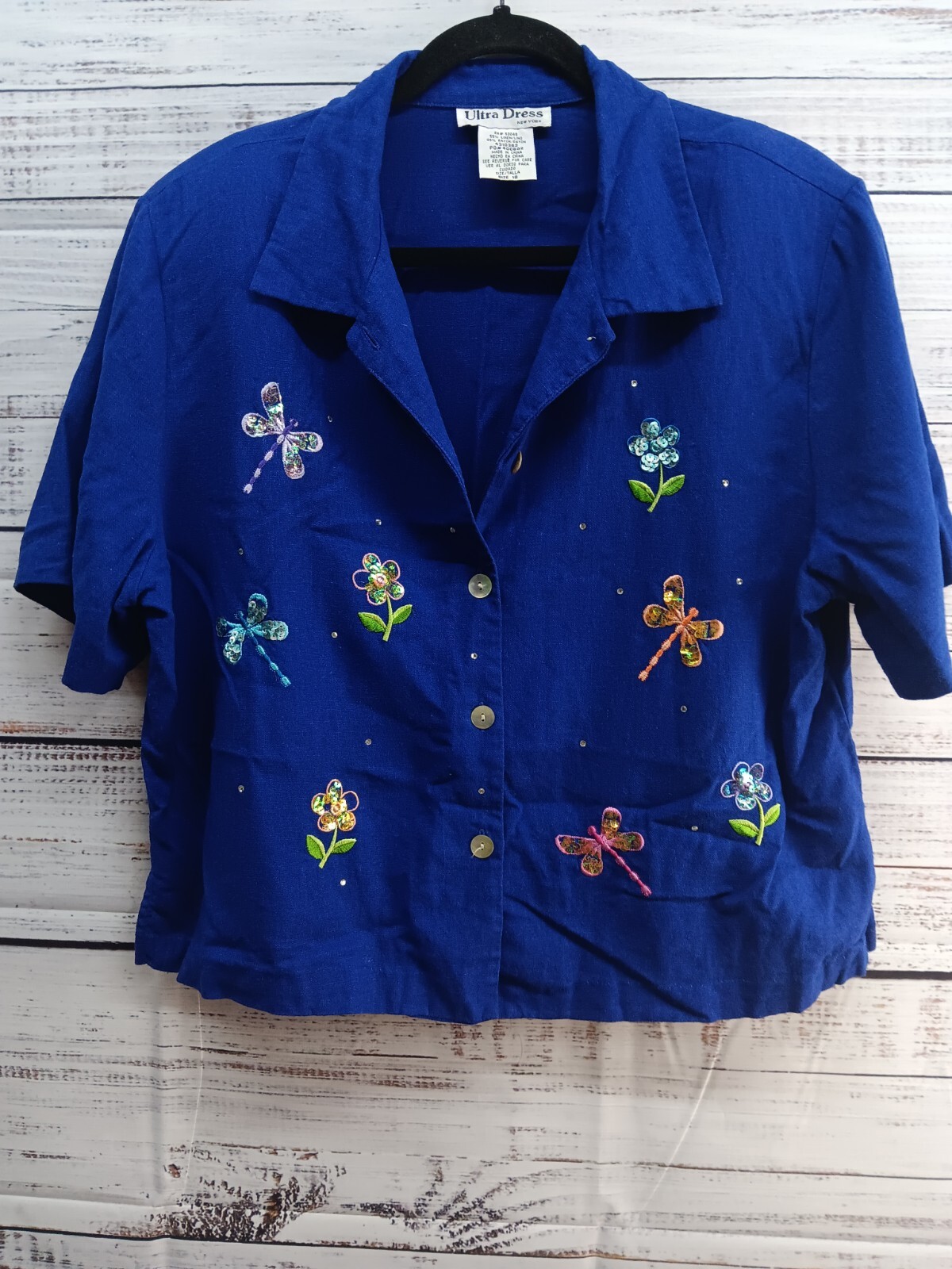 Ultra Women's Blue Linen Blend Butterfly Studded Embroidered Dress Shirt Size 18