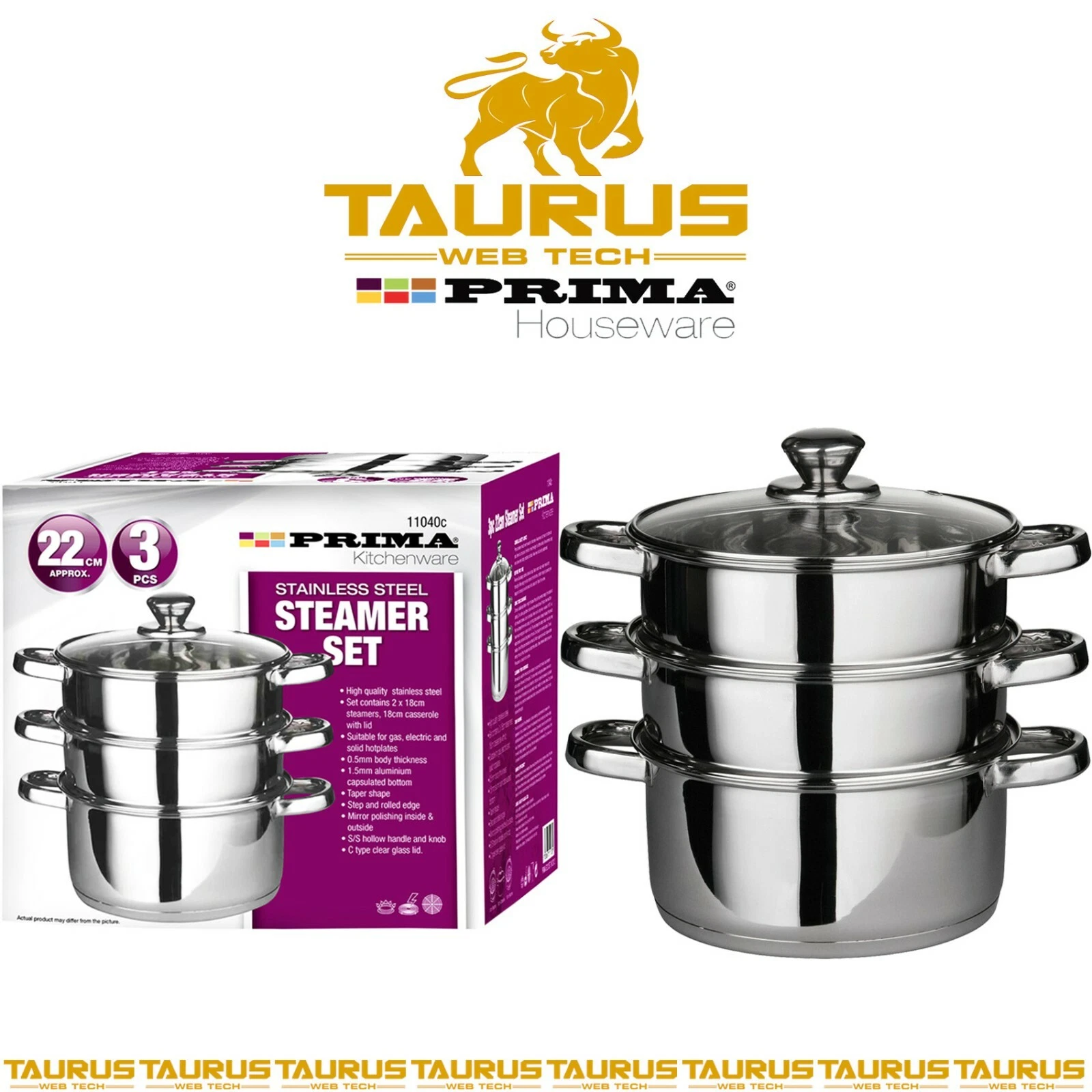 22 CM EURO Steamer Set Stainless Steel GLASS Lid 3 Tier Pot CAPSULATED Bottom UK
