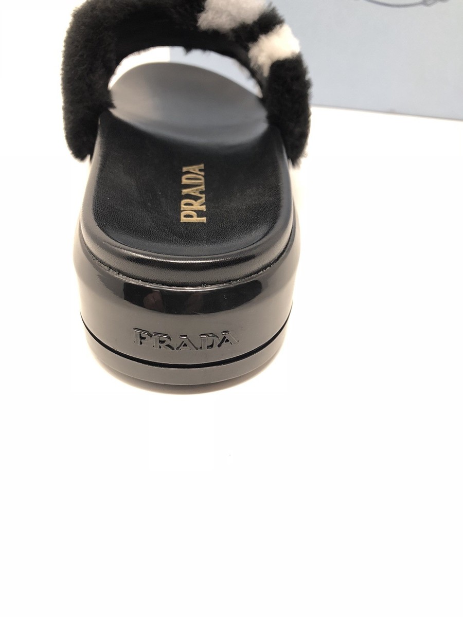 $625 New PRADA Womens Fur Slippers Black Slides Ladies Shoes Size  37