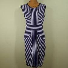 Nine West Sheath Dress Women Large Navy Striped Sleeveless Stretch Bodycon