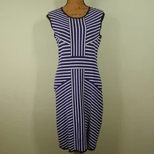 Nine West Sheath Dress Women Large Navy Striped Sleeveless Stretch Bodycon