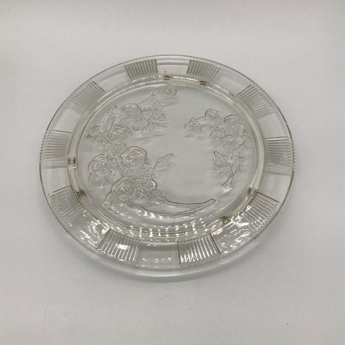 Federal Clear Glass Sharon Cabbage Open Rose Cake Plate, Floral Design & Ribbed - Picture 7 of 8