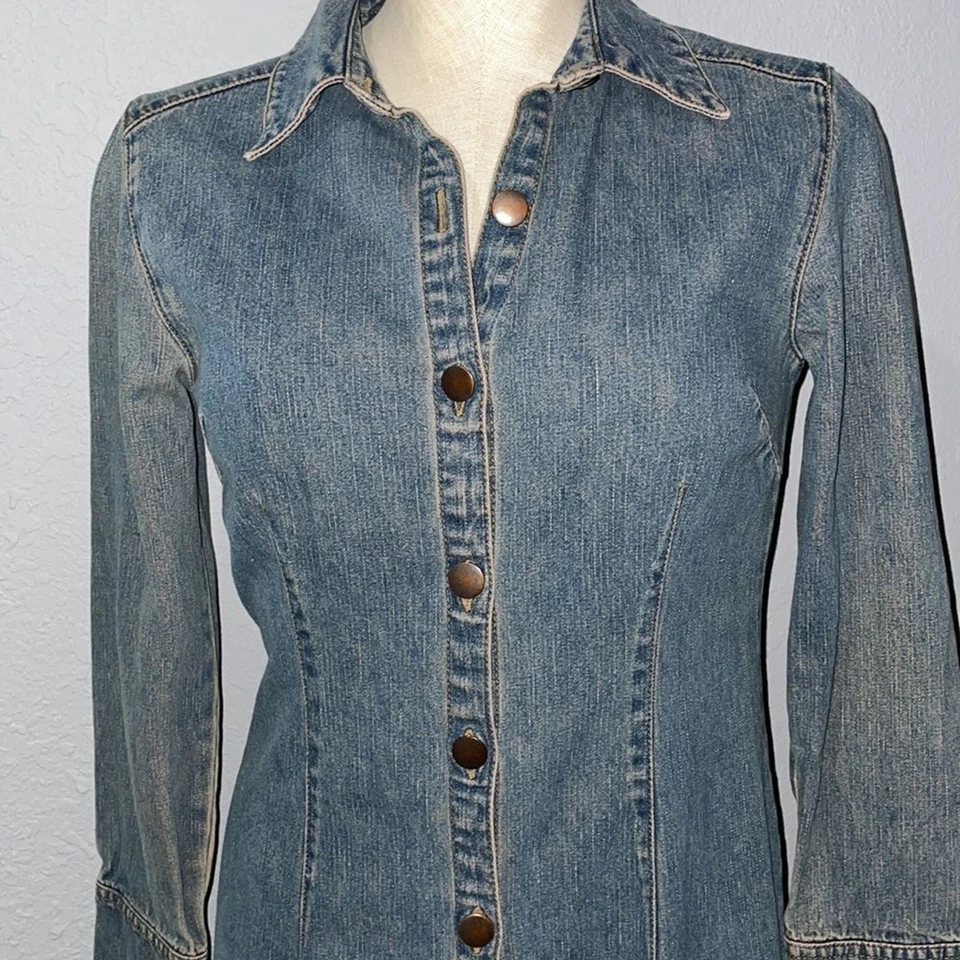 Faded Glory Vintage Women’s Denim Shirt Dress Khaki Tint Floral Print size S - Image 2 of 4