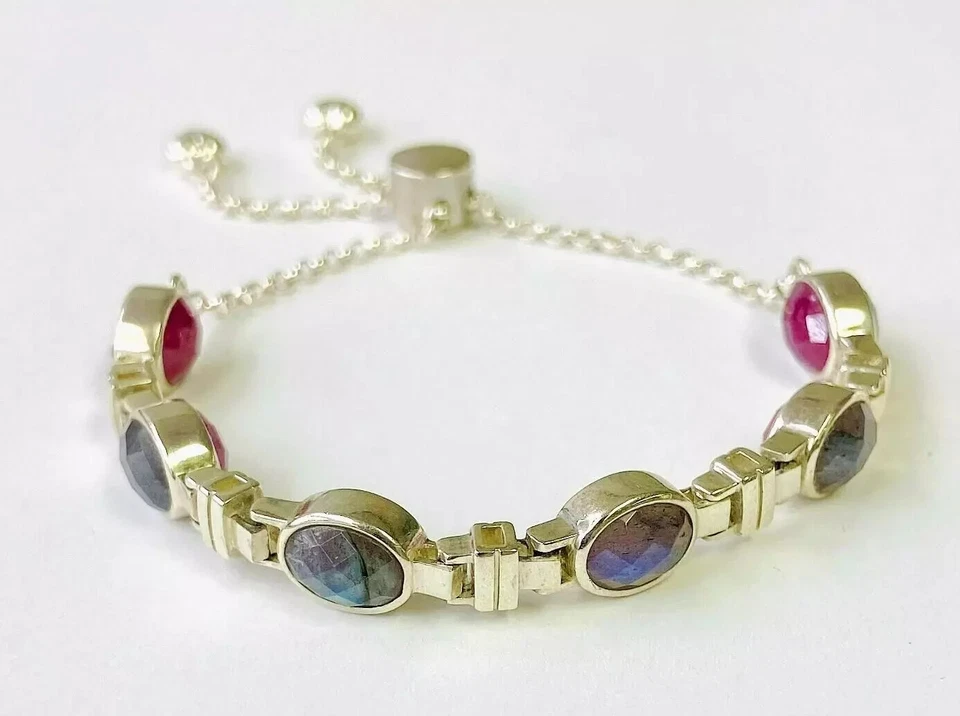 HSN Jay King 银 Thulite &Labradorite 双面可调节 9 英寸手链 — 第 4/4 张图片