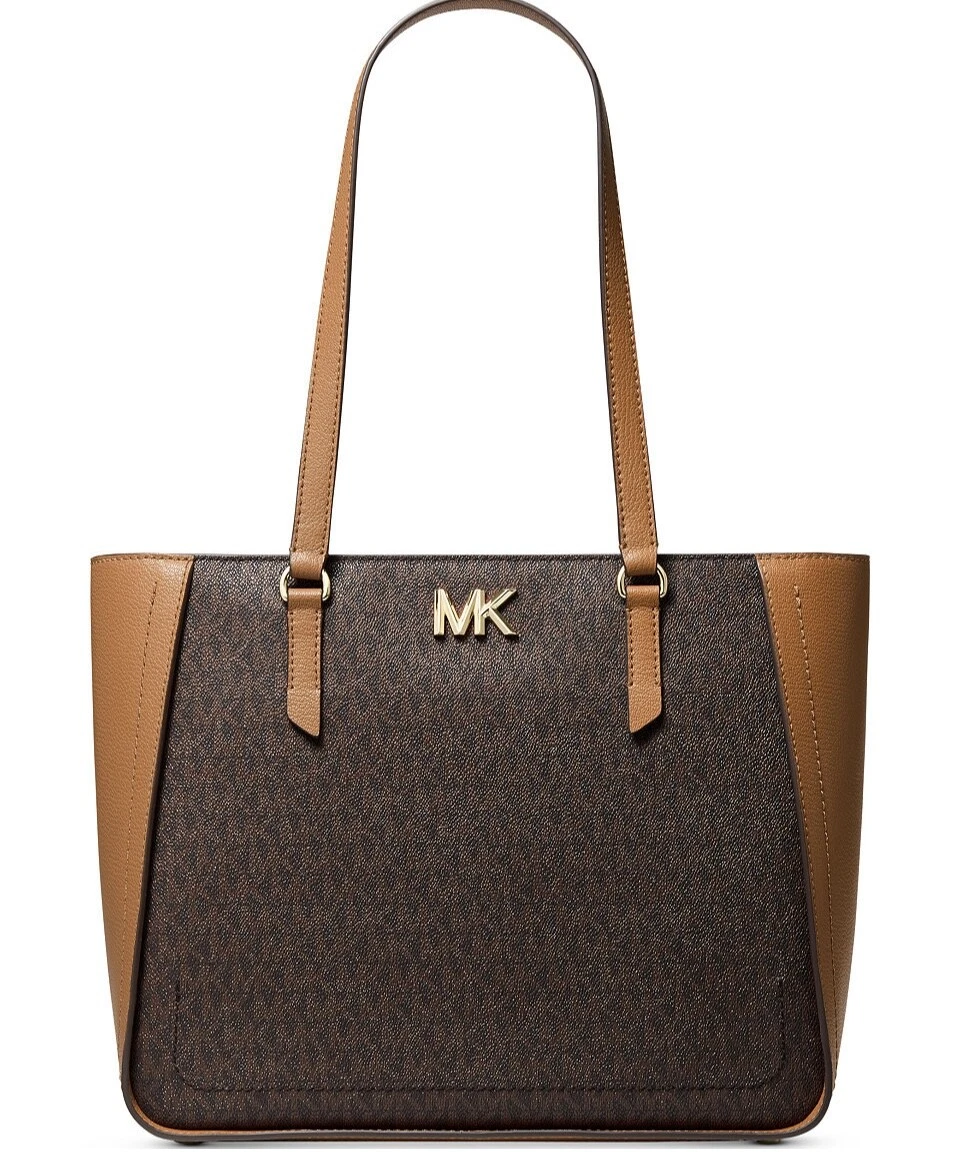 Borsa tote Michael Kors Sylvia firma PVC marrone ghianda pelle a spalla media