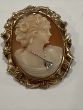 Gold Diamond Peach Shell Cameo Pendant Brooch PS Co. Grape 20 10k GF Hoop Used