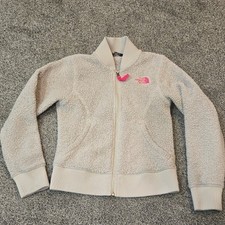 The North Face Kids' Cream Sherpa Jacket with Pink Logo Full Zip Sweater S 7/8 
