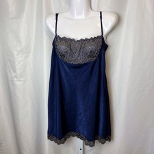 VTG Y2K Victoria s Secret Satin Navy Gold Sheer Lace Coquette Boudoir Tank Top M