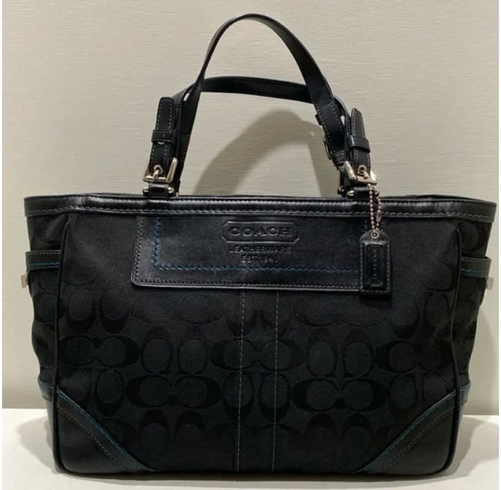 Coach Black Signature Jacquard Leather Trim Medium Tote Bag 8K49
