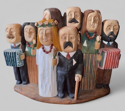 JAN SKÒRA Polen polnisch Naive Kunst Hochzeitsgesellschaft c. 1995