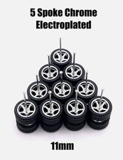 5x Chrome 5 Spoke 11mm Real Riders Wheels w/ Rubber Tires Set 1/64 For Toy Car