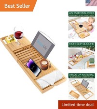 Bamboo Bath Caddy Expandable Waterproof Bathtub Tray with Wine Holder Phone Slot