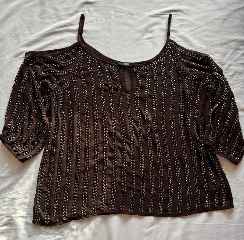 BKE Boutique Sz L Tank Off Shoulder Edgy Sheer BrownEmbellishment Beadwork
