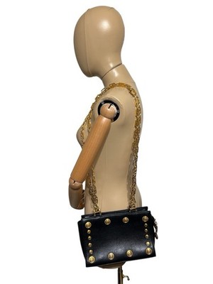 Vtg Gianni Versace Black Leather Medusa Greek Key Chain Shoulder Bag