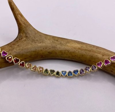 8Ct Heart Lab Created Multi-Stones Women's Tennis Bracelet in 14K Yellow Gold Fn
