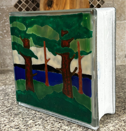 Hand Painted~Glass Infused~Block~Lake Scene~7½" x 7½" x 3"
