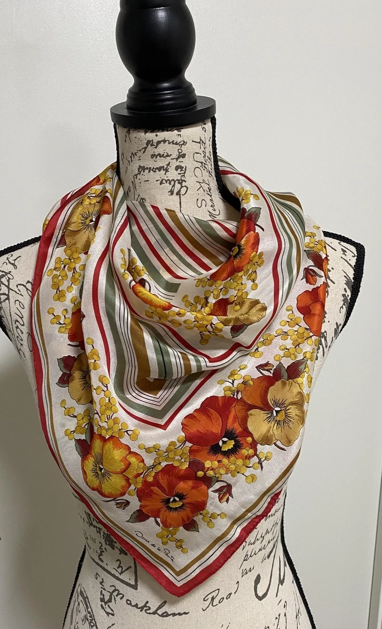 Oscar De La Renta Scarf Womens One Size Orange Cream Floral Square Satin