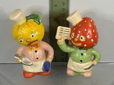 Anthropomorphic Strawberry & Orange Fruit Chefs Salt And Pepper Shakers