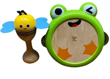 Hape Frog Tambourine and Wooden Bee Maraca Set Musical Instrument Toys for Kids