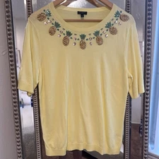 Talbots Pineapple Embellished Yellow Knit Top