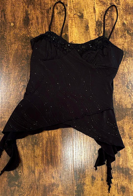 White Moon Womens Vintage Black Camisole w/beading, sequin, asym, made in USA, M