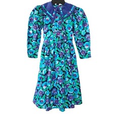 80s Girls Dress 10 Floral Pansy Pansies Prairie Cottagecore Blue Green Collar