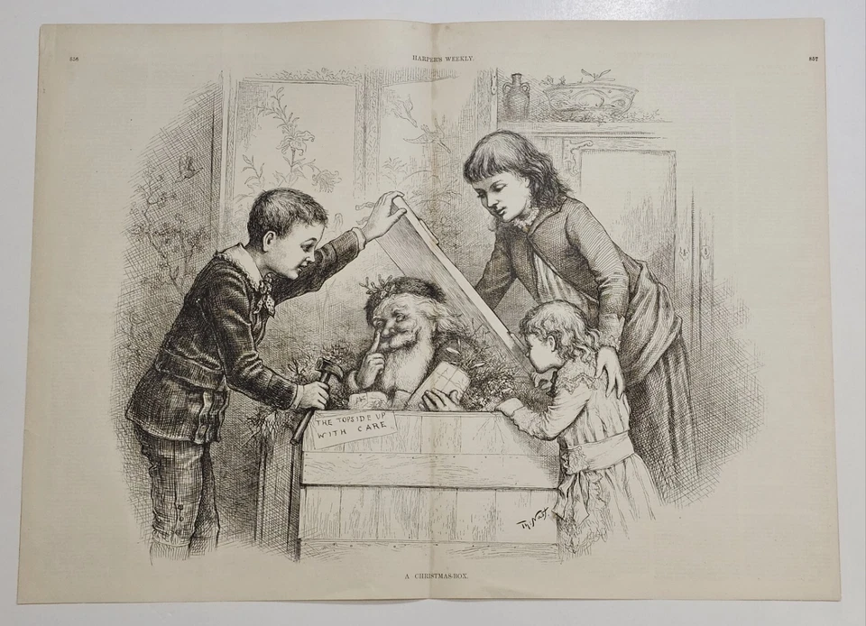 Thomas Nast ORIGINAL Double Page Harpers Weekly "A Christmas Box" Engraving 1885 - Image 2 of 4