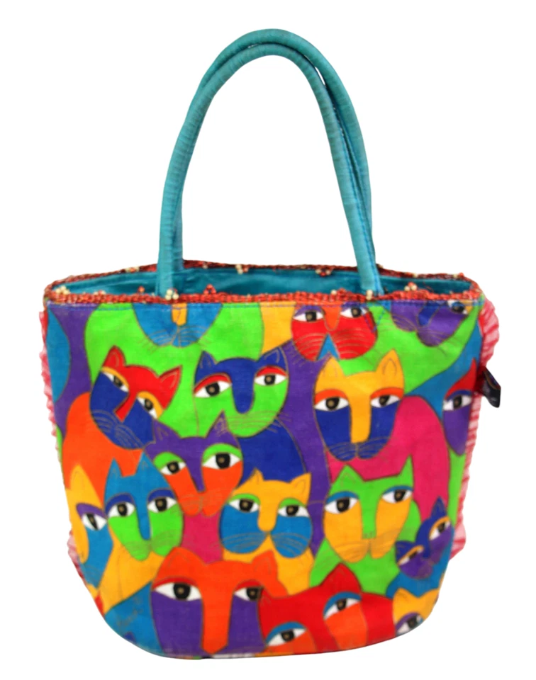 Laurel Burch 多色棉帆布 KAT 蓝色手柄软垫手提包 — 第 3/4 张图片