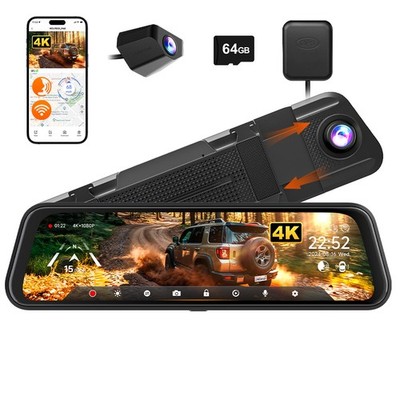 WOLFBOX 4K 10'' Dual Dash Cam Car Rear Mirror View Backup Dual Camera M40 WIFI
