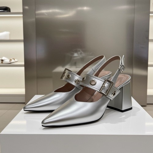 Silver Slingback Heels Pointed Toe Block Heel Buckle Strap Shoes