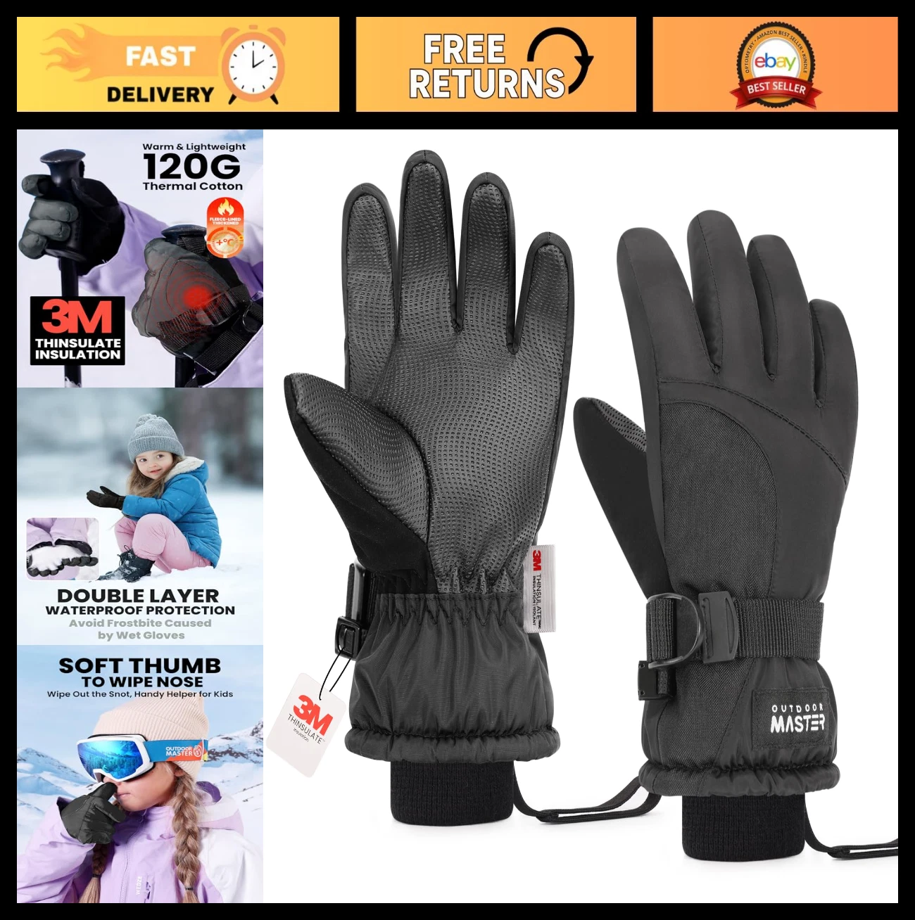 Kids Ski Snow Gloves - Waterproof Thermal Windproof 3M Thinsulate for Youth Spor