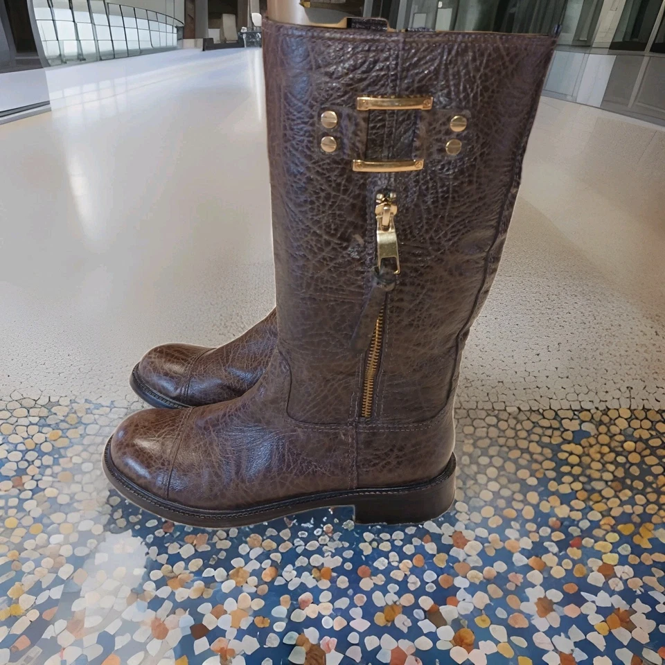 Botas de Moto Tory Burch Stowe Cuero Guijarro Marrón Dorado Herrajes Para Mujer Talla 7 M Foto 2 de 4
