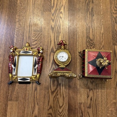 Vintage Set Harlequin Jester French Clock, Jewelry Box & Picture Frame Bombay