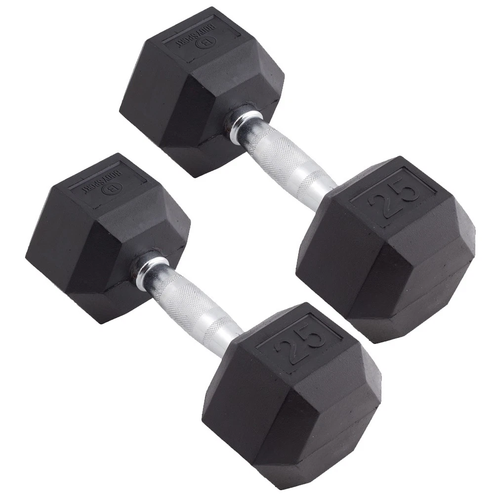 Body Sport Rubber Encased Hex Dumbbell Weight – Exercises – 25 lb Pair