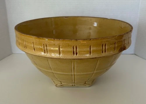 Vtg 1920’s McCoy Pottery Yellow Ware Mixing Bowl Windowpane Lrg 11 Shield #4