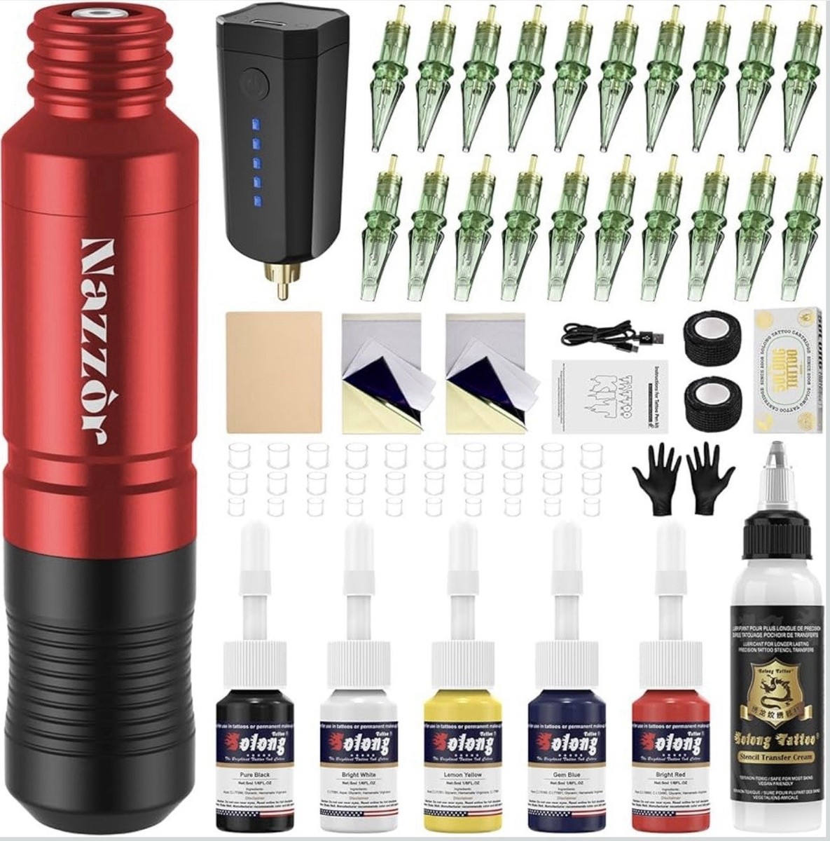 NEW Nazzor Wireless Rotary Tattoo Machine Pen Starter Kit - Red