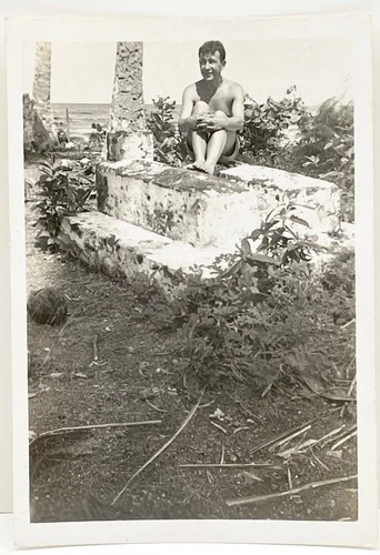 1940s WWII Soldier on Graves of Missionaries New Guinea Army Vtg Snapshot Photo