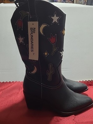 Womens No Boundaries Black Cowgirl Western Boots Novelty Cactus Moon Star Size 7