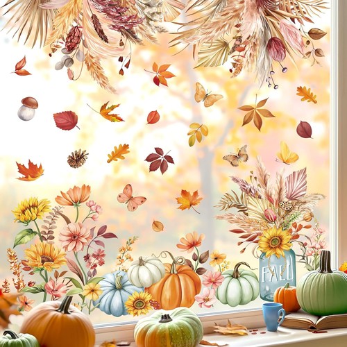 Fall Boho Flower Leaf Double Sided Window Clings Autumn Maple Boho Leaves - Picture 3 of 6