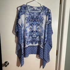 Susan Graver blue and white chiffon overlay top small
