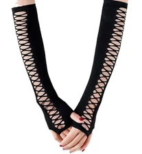 Gothic Black HOLLOW SLASHED SLEEVE LONG FINGERLESS GLOVES Punk Steampunk Cosplay