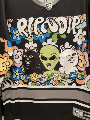 RIPnDIP Black Must Be Nice Authentic Hockey Jersey w/Alien Cats Flowers LARGE