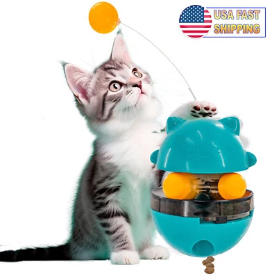 5 STAR SUPER DEALS Interactive Cat Treat Puzzle Feeder Toy Slow Food Dispenser w Kitty Rattle Ball