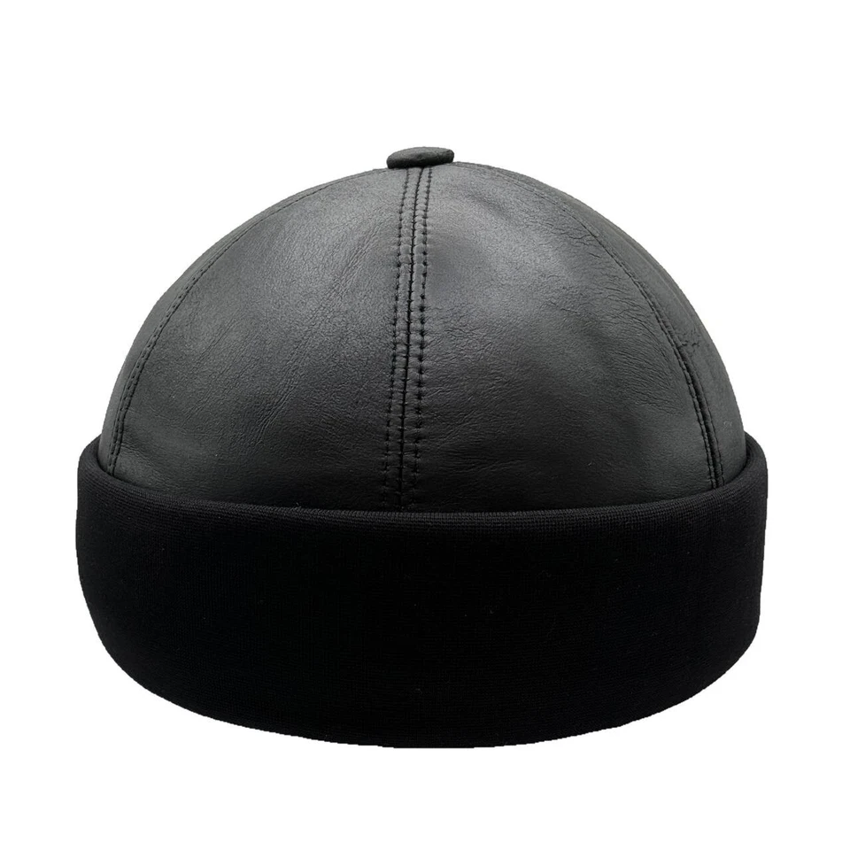 Negro Invierno Piel de Oveja Cuero Real Sombrero Piel Tejido Gorro Puño Redondo Cubo Invierno Foto 2 de 4