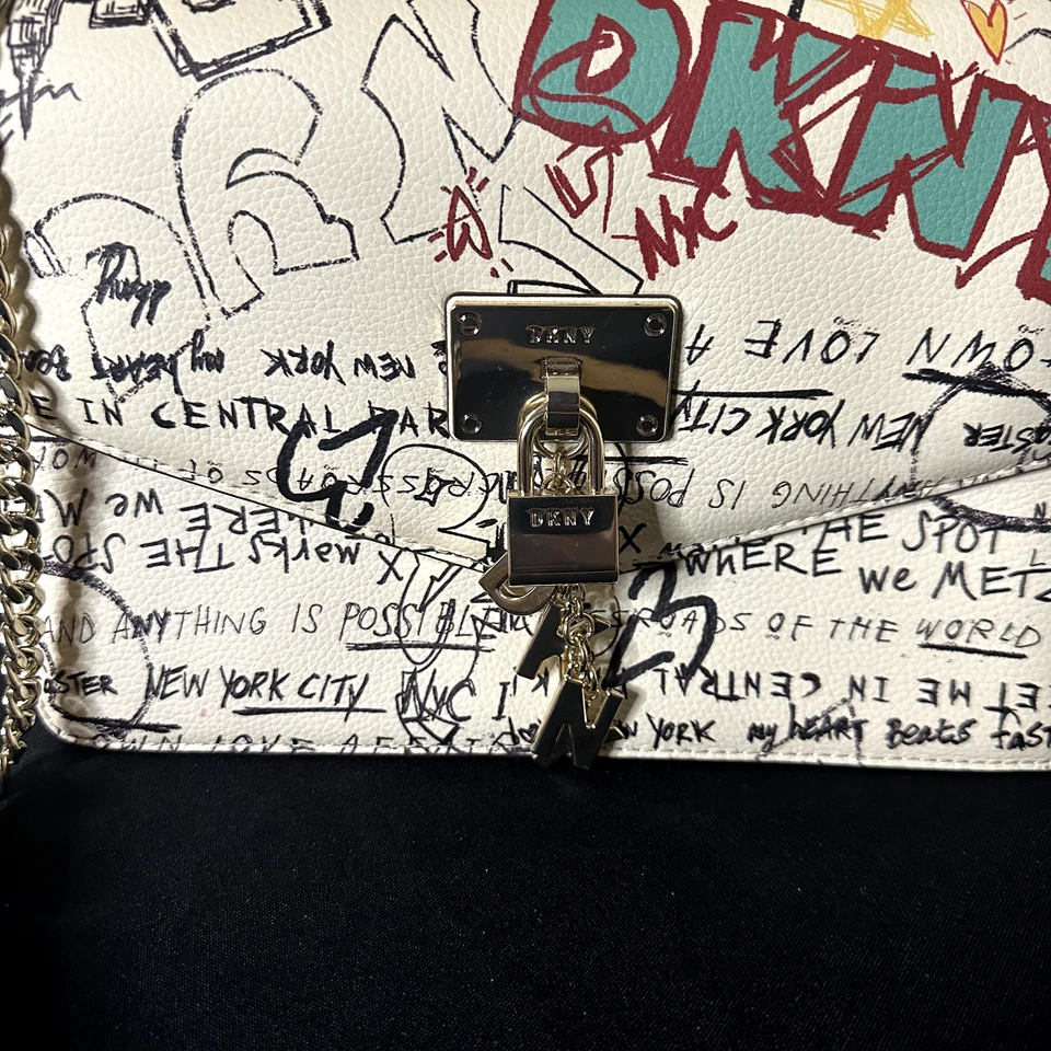 DKNY Elissa Crossbody Bag Purse Graphic Logo Print Beige - Image 2 of 4